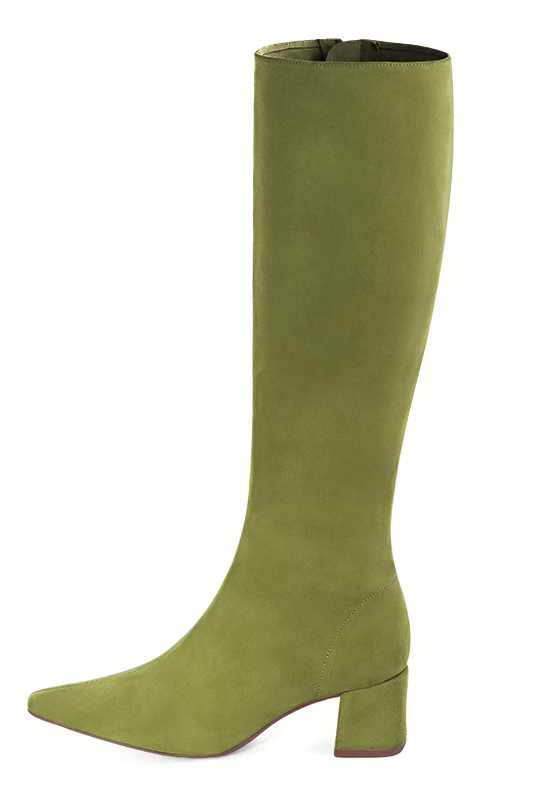 Pistachio green women's feminine knee-high boots. Tapered toe. Medium block heels. Made to measure. Profile view - Florence KOOIJMAN